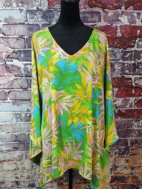 Belle By Kim Gravel Tropical Print V-Neck Poncho Style Top